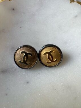 Upcycled Vintage Chanel Button Earrings Gold Tone CC Logo Stud Style